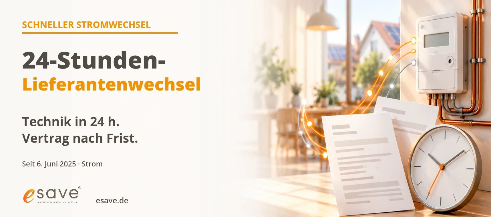 Illustration zum 24-Stunden-Lieferantenwechsel bei Strom mit Uhr, Stromzähler, Vertragsunterlagen und schnellen digitalen Datenwegen.