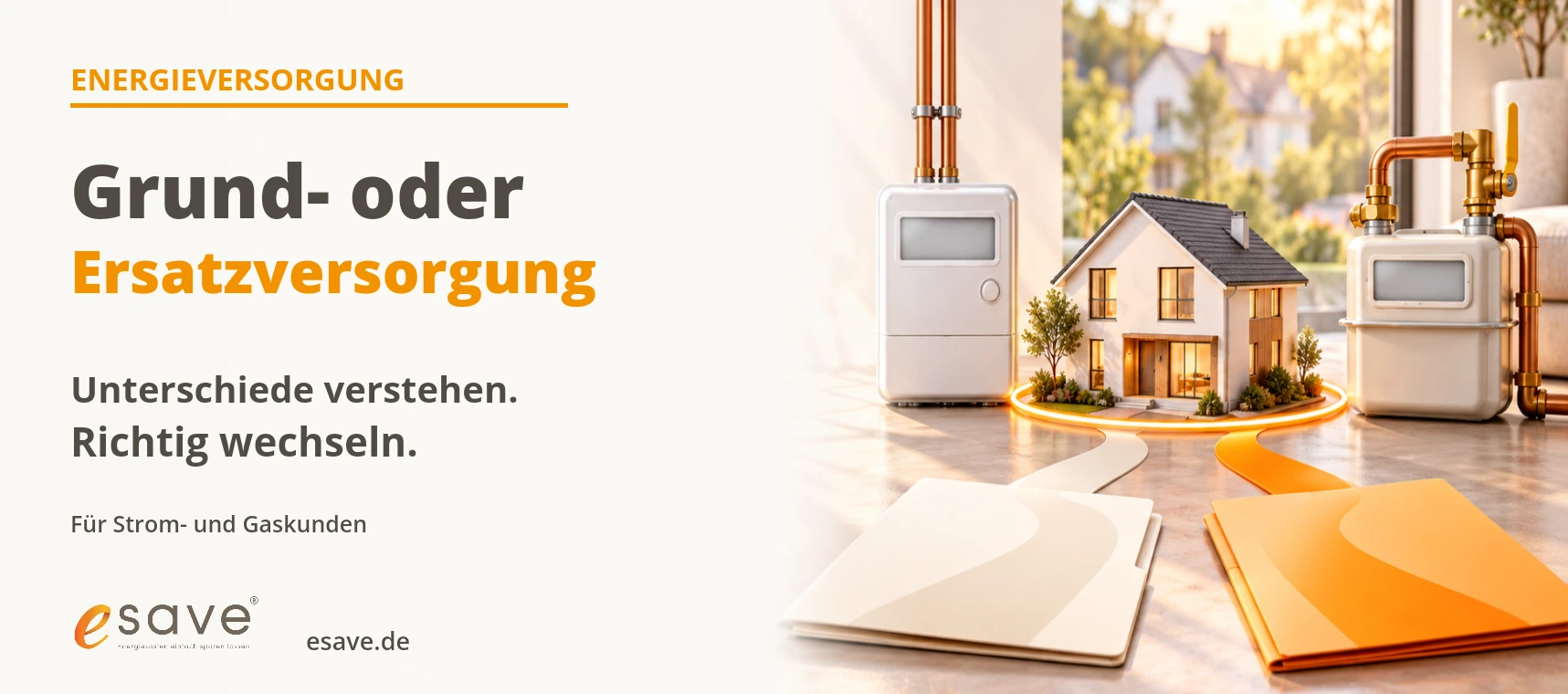 Illustration zu Grund- und Ersatzversorgung mit Wohnhaus, Strom- und Gaszähler sowie zwei unterschiedlichen Versorgungspfaden.