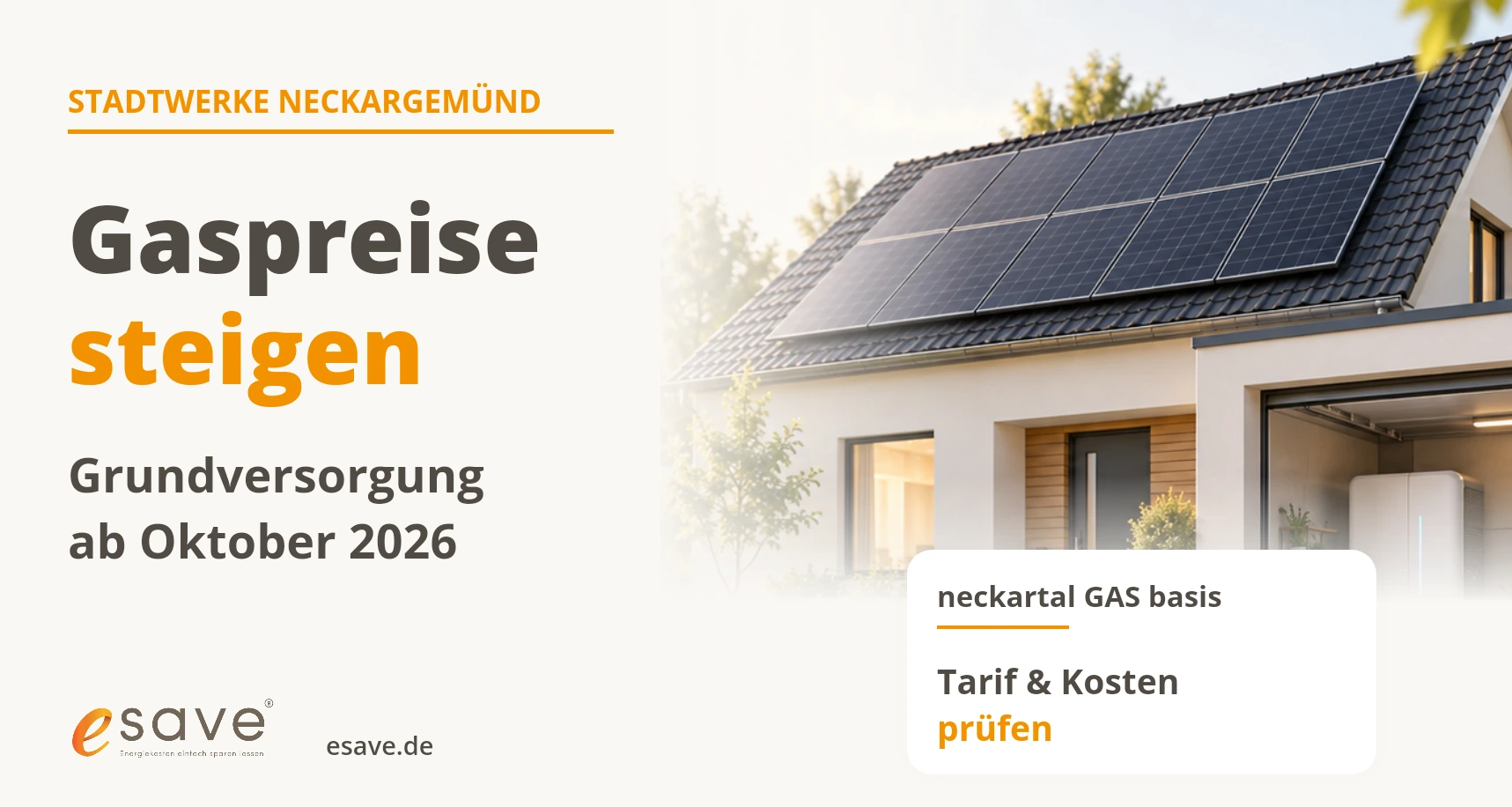 Stadtwerke Neckargemünd: Gaspreise in der Grundversorgung neckartal GAS basis steigen ab Oktober 2026. Hausillustration zur Tarifprüfung.