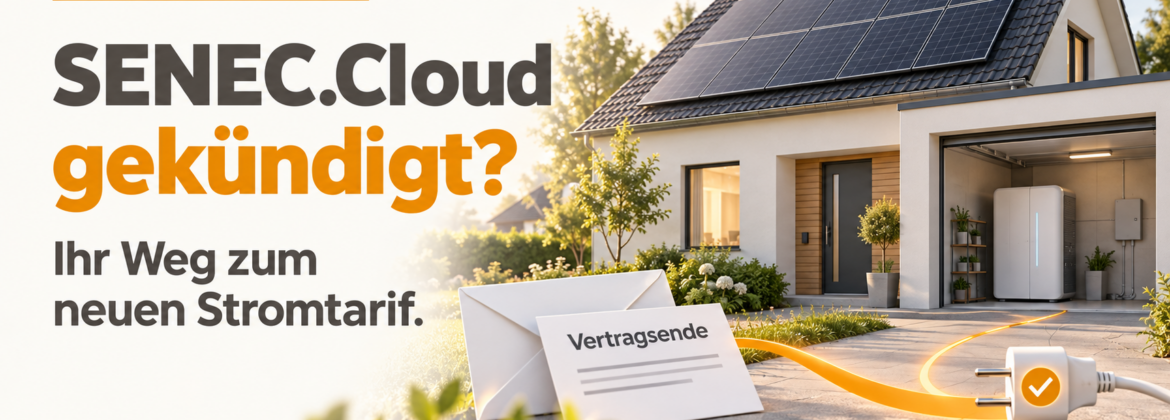 SENEC.Cloud gekündigt: Haus mit Photovoltaikanlage und Stromspeicher neben einem Kündigungsbrief.