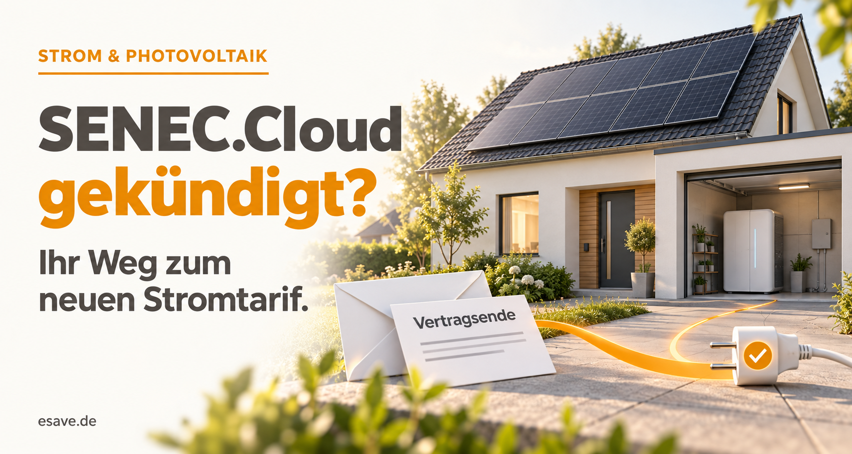SENEC.Cloud gekündigt: Haus mit Photovoltaikanlage und Stromspeicher neben einem Kündigungsbrief.