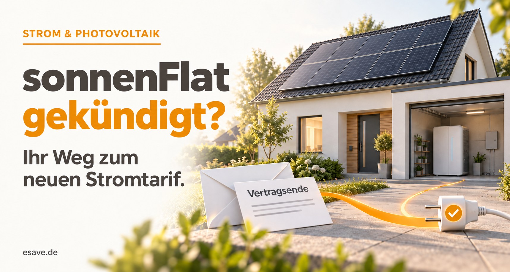 sonnenFlat gekündigt: Haus mit Photovoltaikanlage und Stromspeicher neben einem Schreiben zum Vertragsende.