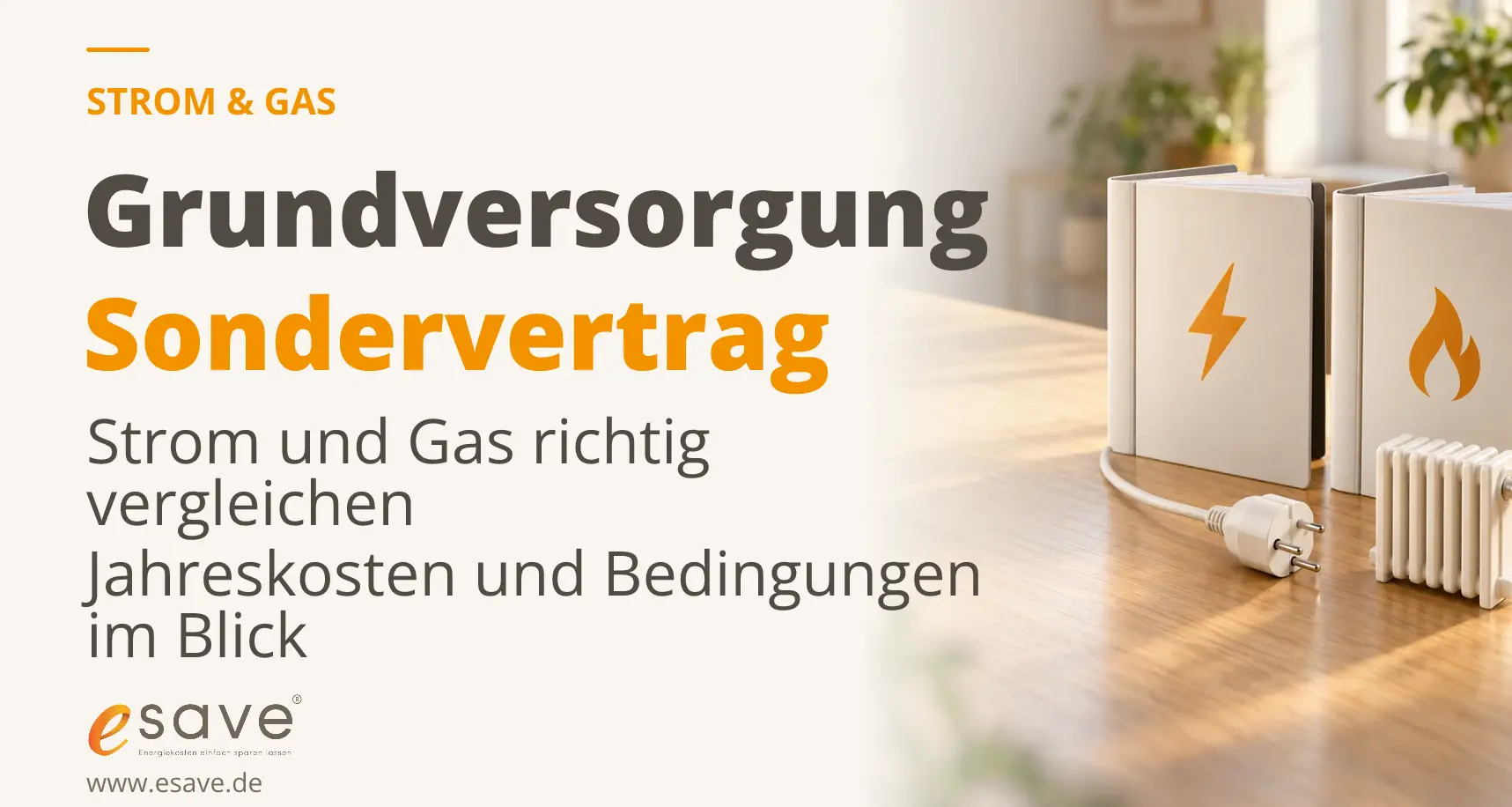Vertragsmappen mit Blitz- und Flammensymbol, Stromstecker und Heizkörpermodell zum Vergleich von Grundversorgung und Sondervertrag für Strom und Gas.