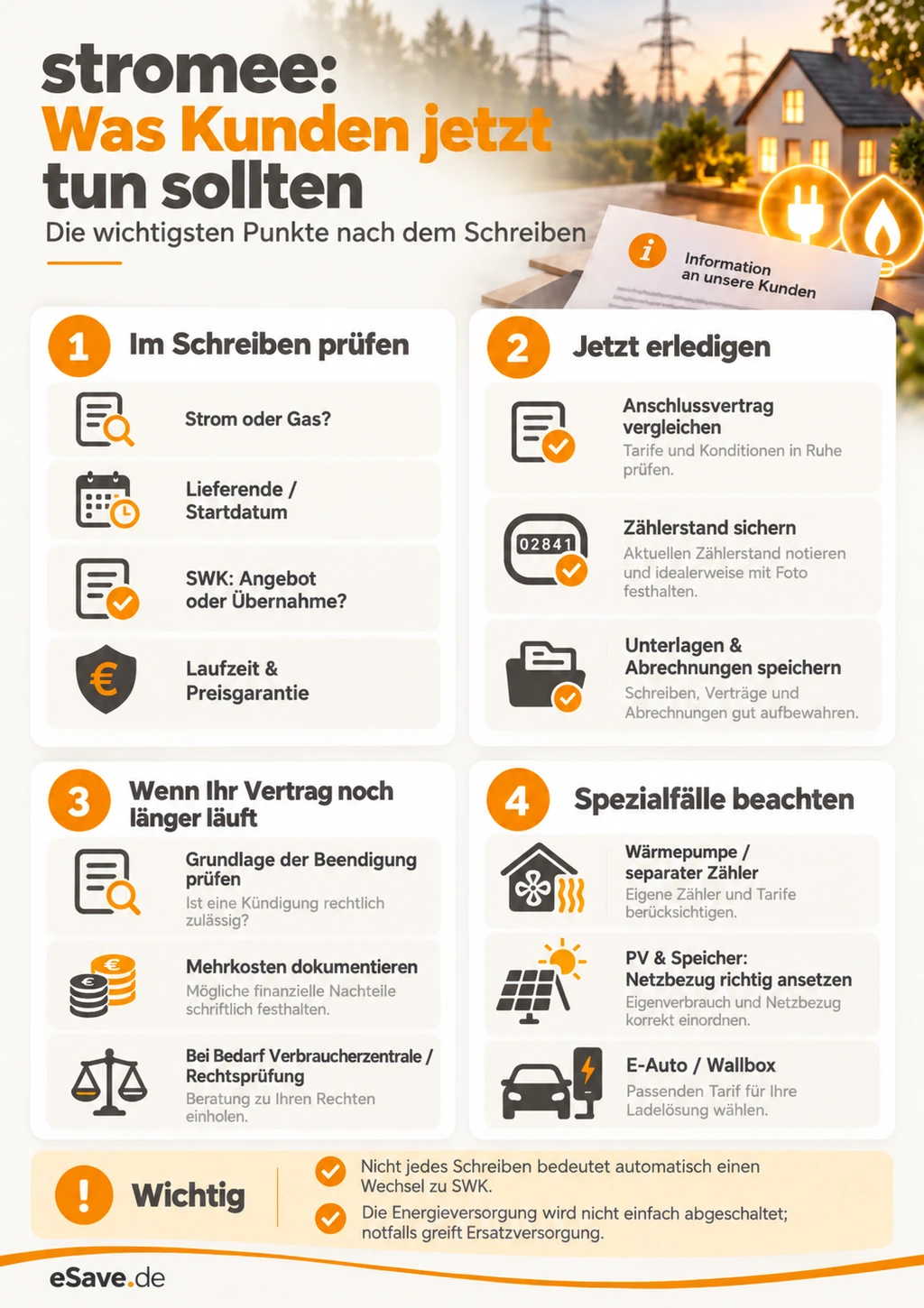 stromee: Wichtige Prüfpunkte nach dem Kundenschreiben zu Vertrag, Anschlussversorgung, Zählerstand sowie Wärmepumpe, PV, Speicher und E-Auto.